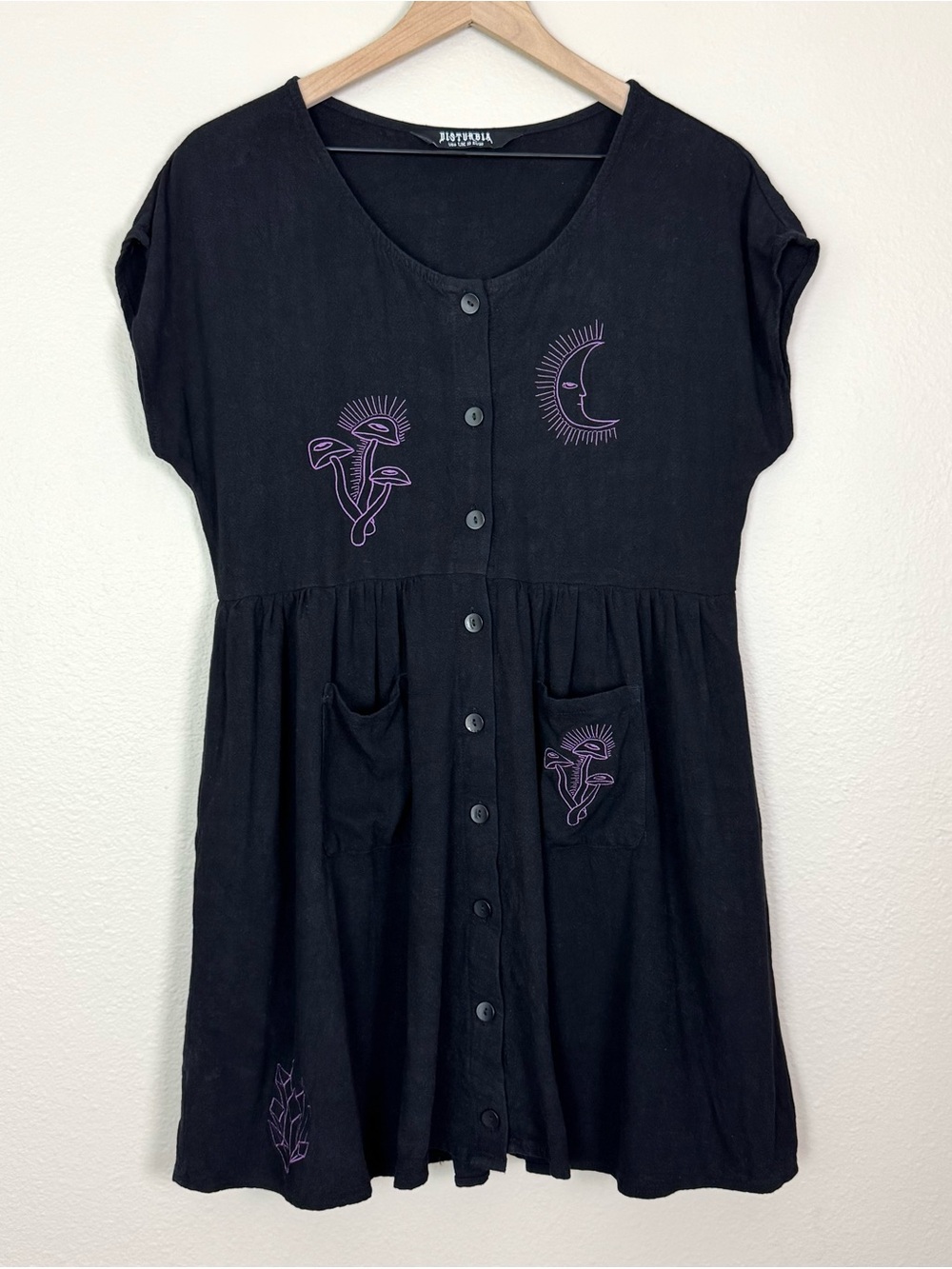 Disturbia Foliate Button Front Mini Dress Embroidered Moon Mushroom Skull US 6